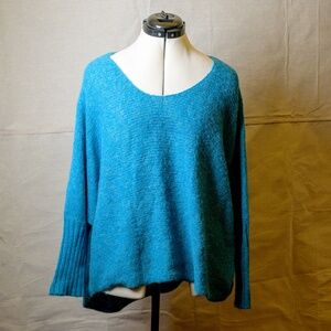 Eileen Fisher Turquoise ‘superfine alpaca’ cross-knit bat-wing sweater ext. Cuff